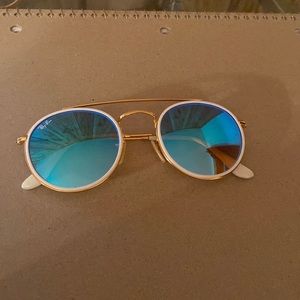 Round double bridge gold + blue mirror Ray Ban Sunglasses